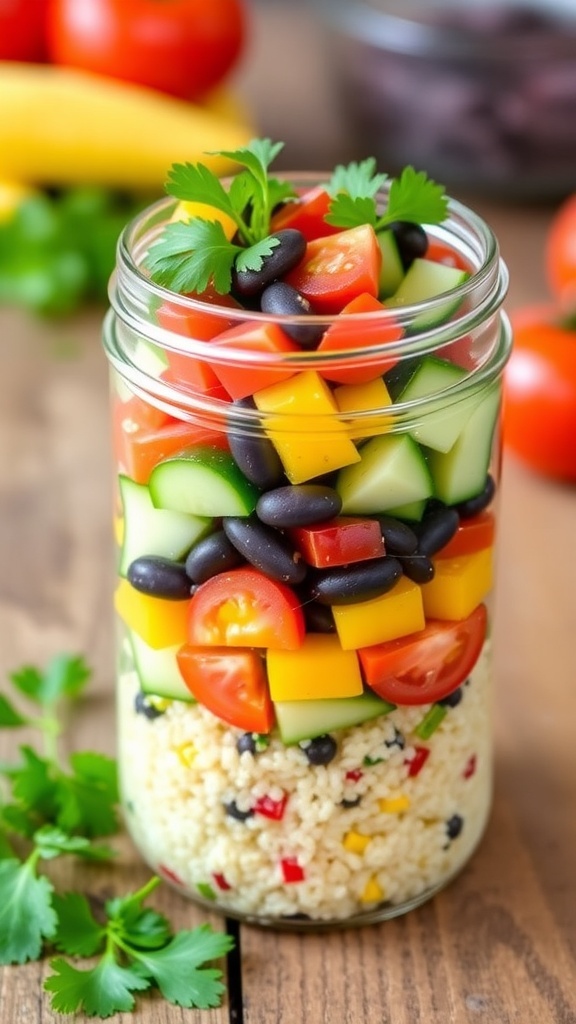 A mason jar filled with quinoa salad, layered with cherry tomatoes, cucumbers, bell peppers, and black beans, on a wooden table.